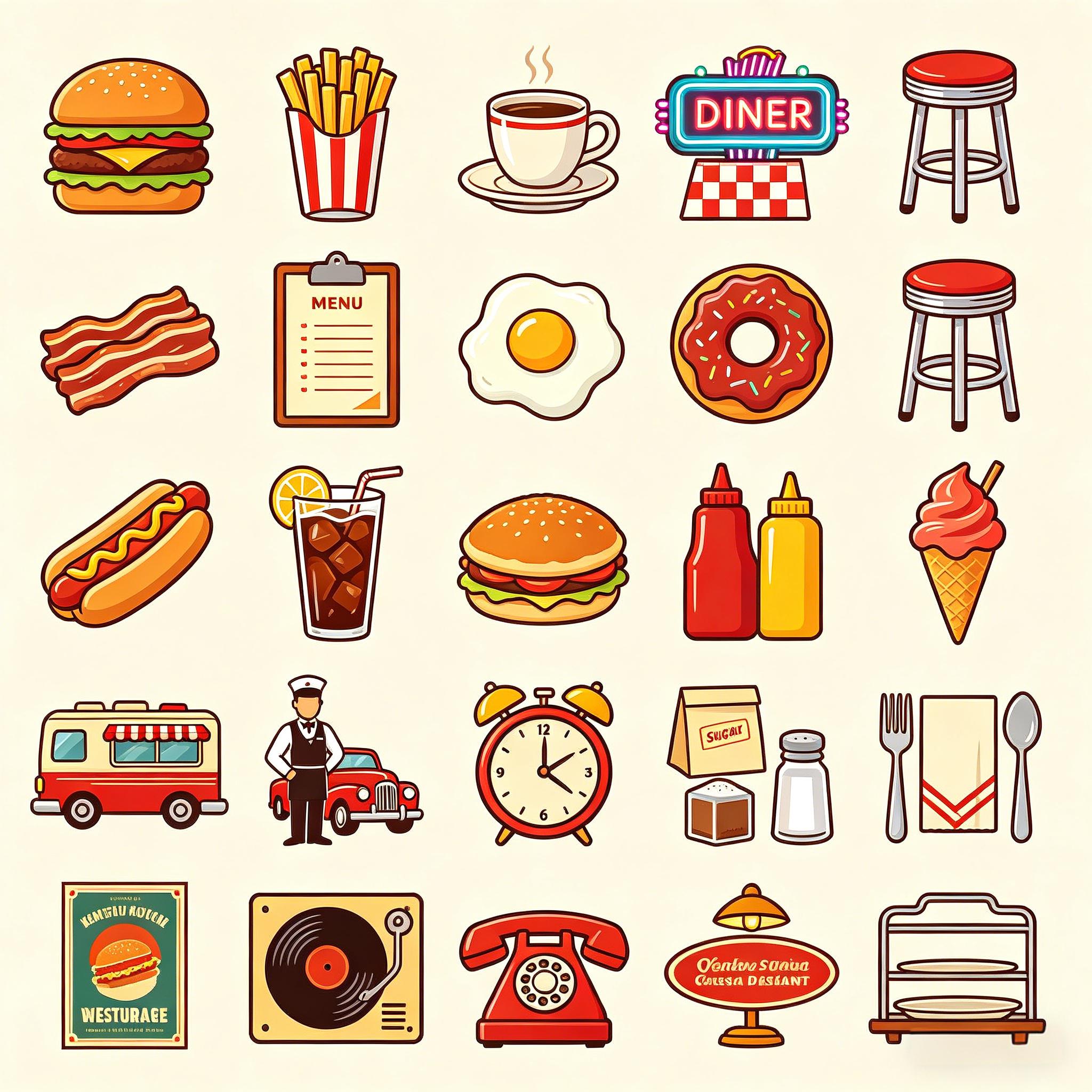 美式复古 diner 餐厅元素图标套装